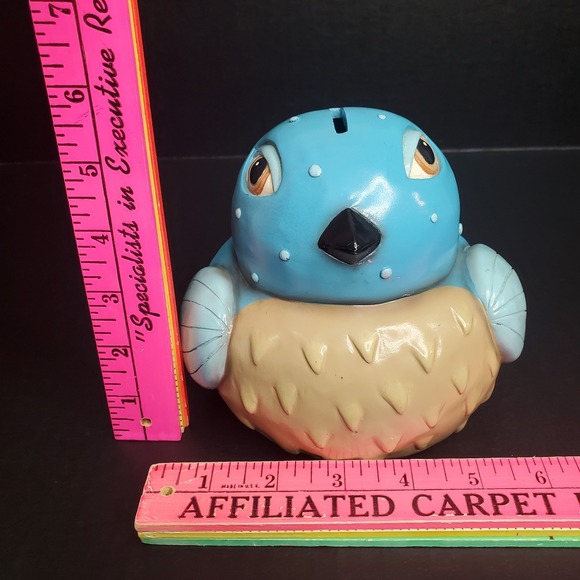 Kitschy Hard Rubber Pudgy Blue Bird Piggy Bank Vintage 6"x6" - Picture 8 of 9